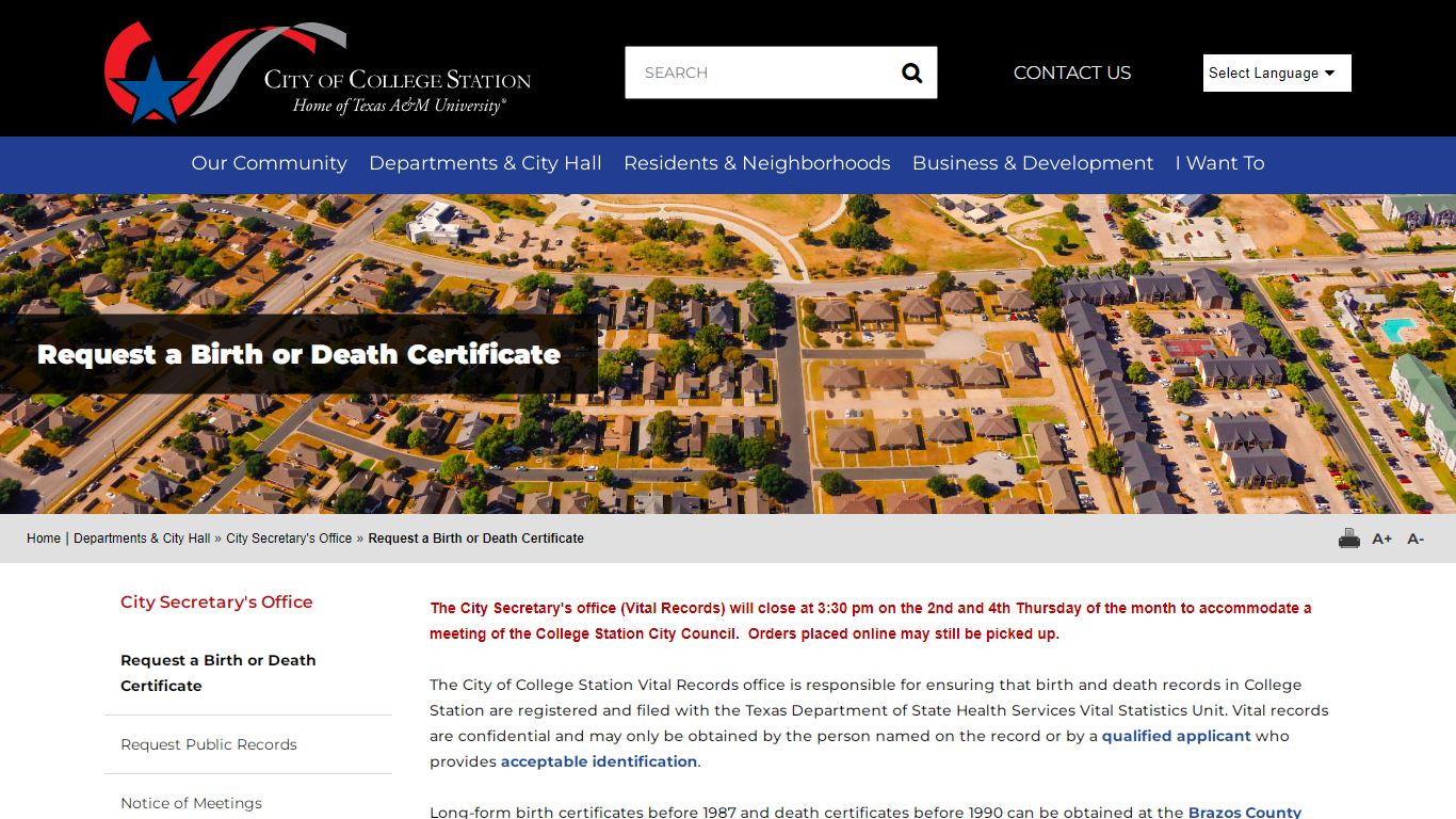 Request a Birth or Death Certificate - City of College Station